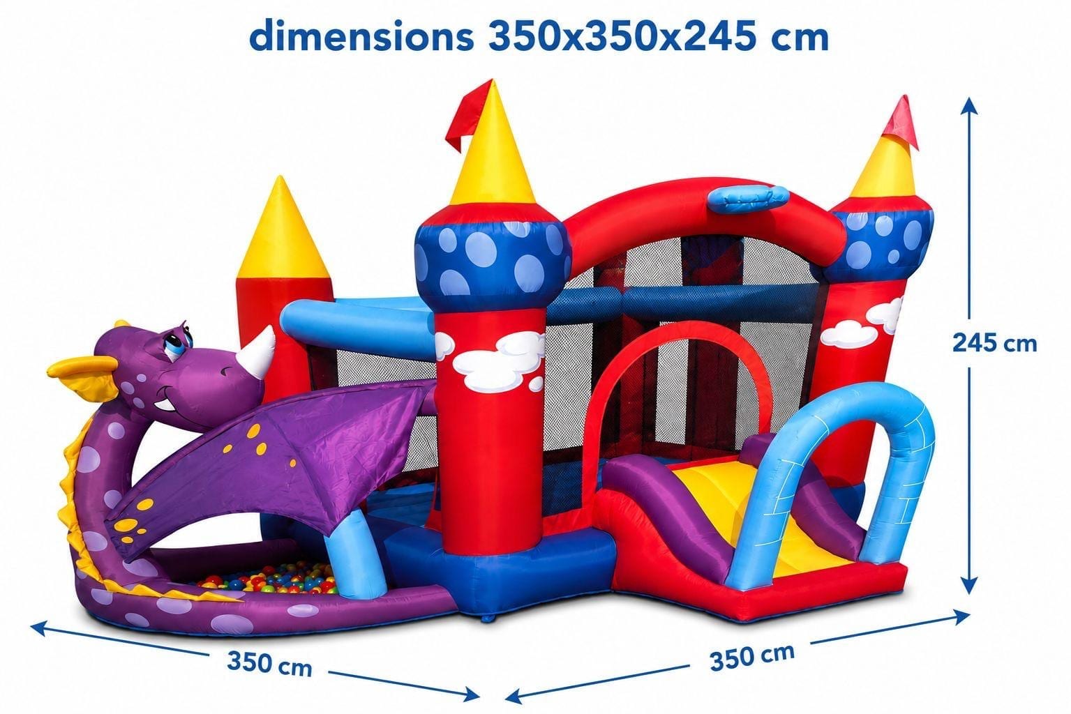 Château gonflable Dragon avec ses dimensions : 350 × 350 × 245 cm