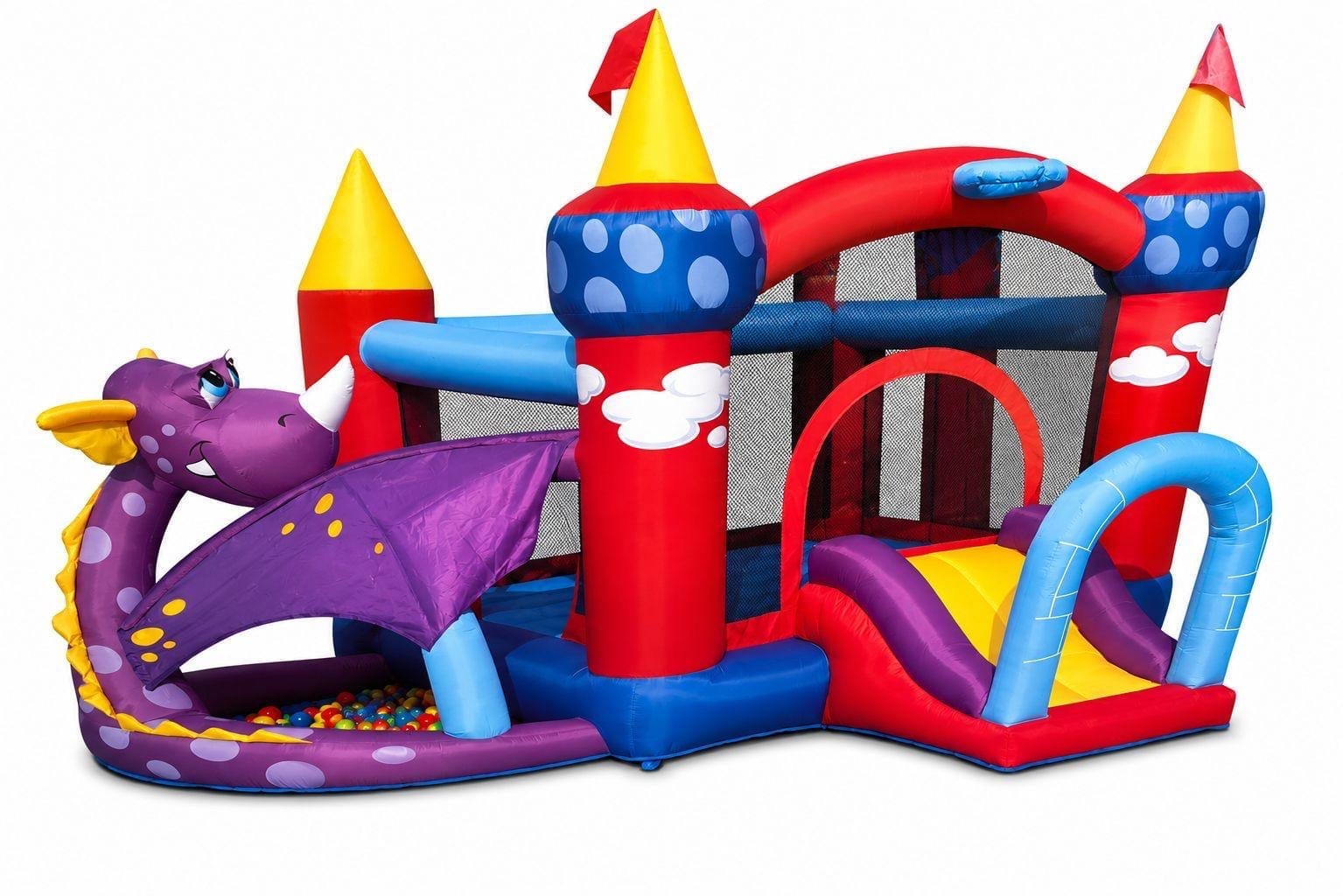 Dragon bouncy castle with blue slide and purple ball pit