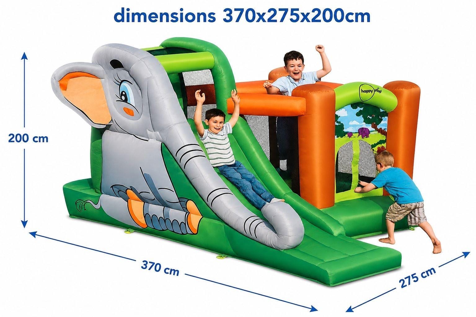 Château gonflable Éléphant avec ses dimensions : 370 × 275 × 200 cm