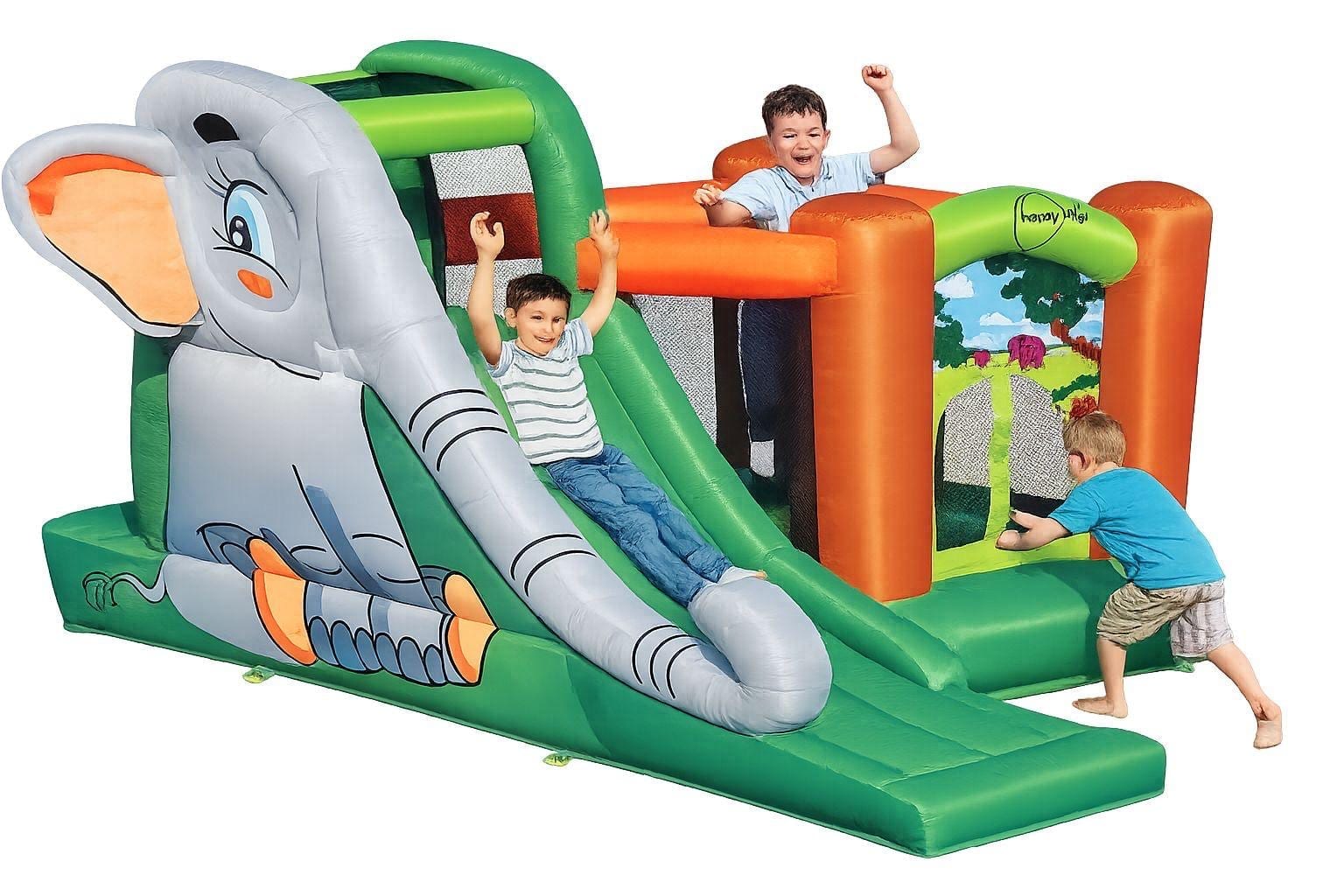 Elephant bouncy castle with slide, children playing on it