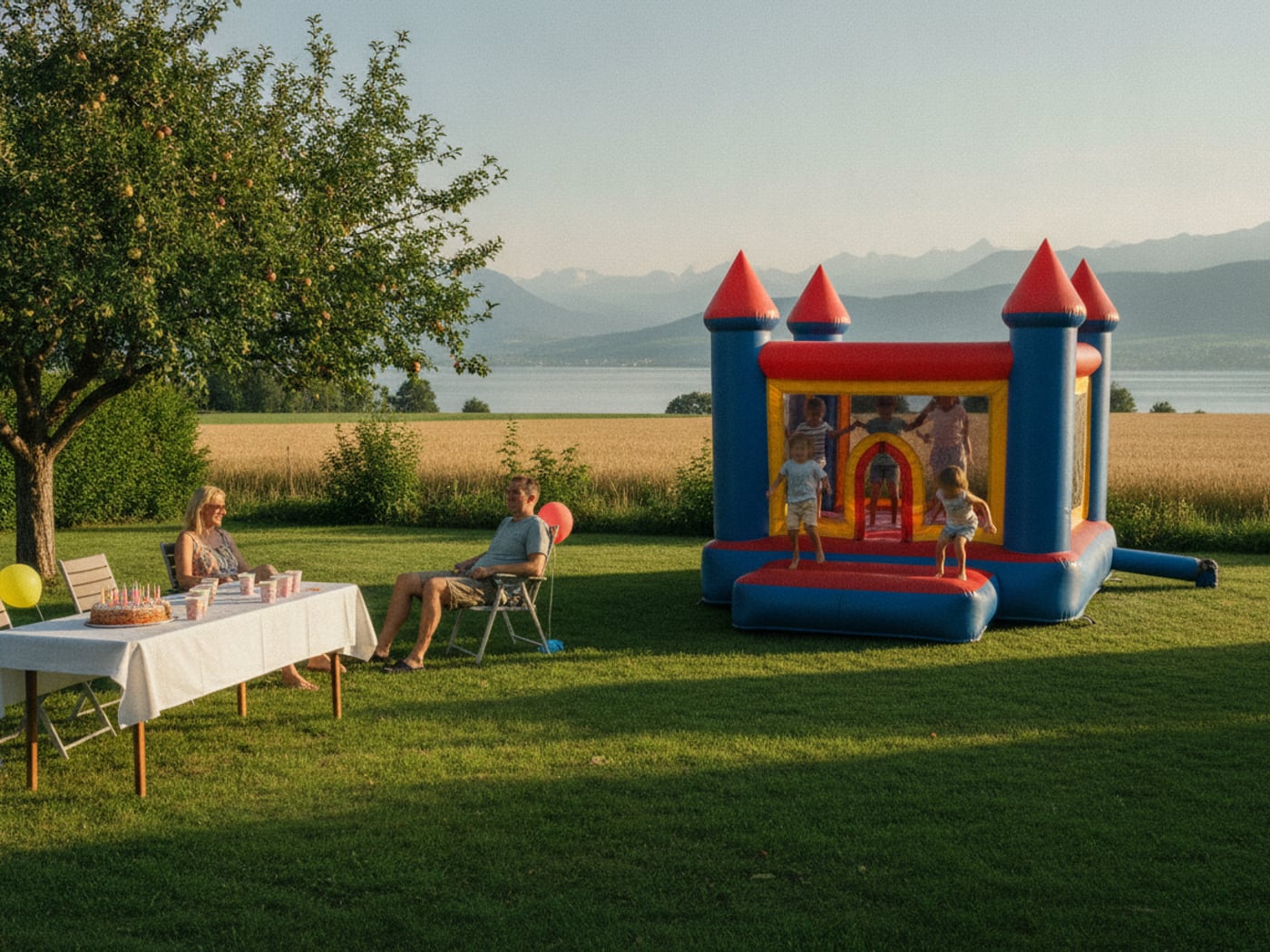 Illustration: ein Geburtstag im Garten, eine Hüpfburg mit hüpfenden Kindern, dahinter der Neuenburgersee und die Voralpen