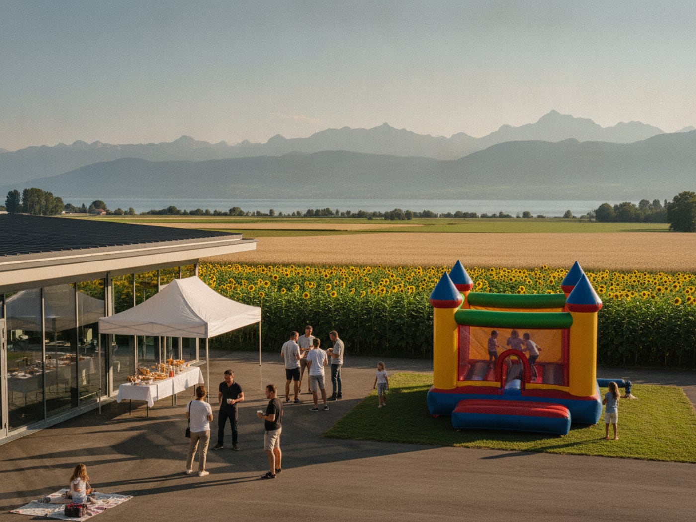 Illustration: ein Personalfest im Hof eines Betriebs, Hüpfburg auf der Wiese, Felder der Broye und Alpen am Horizont