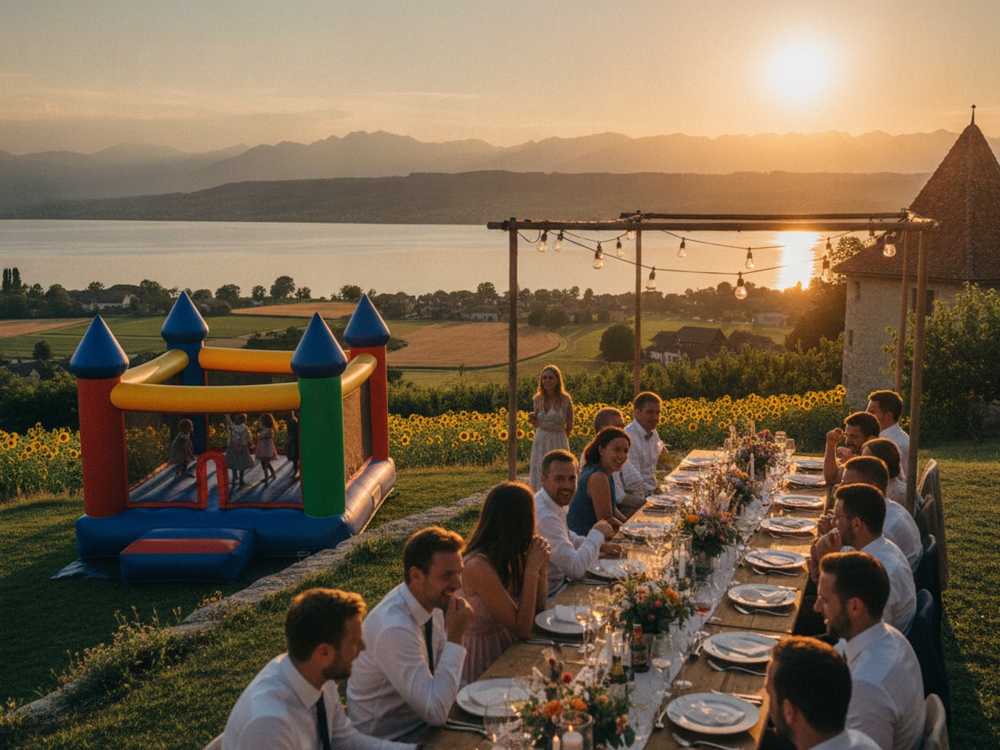Illustration: eine Hochzeitstafel bei Sonnenuntergang über dem Neuenburgersee, die Kinder spielen abseits auf einer Hüpfburg